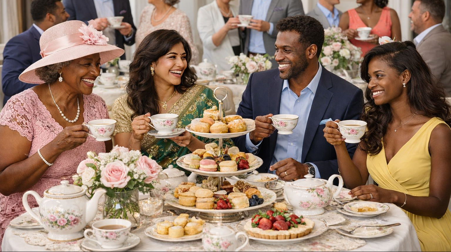 Group of people enjoying a formal tea party with teacups and pastries.