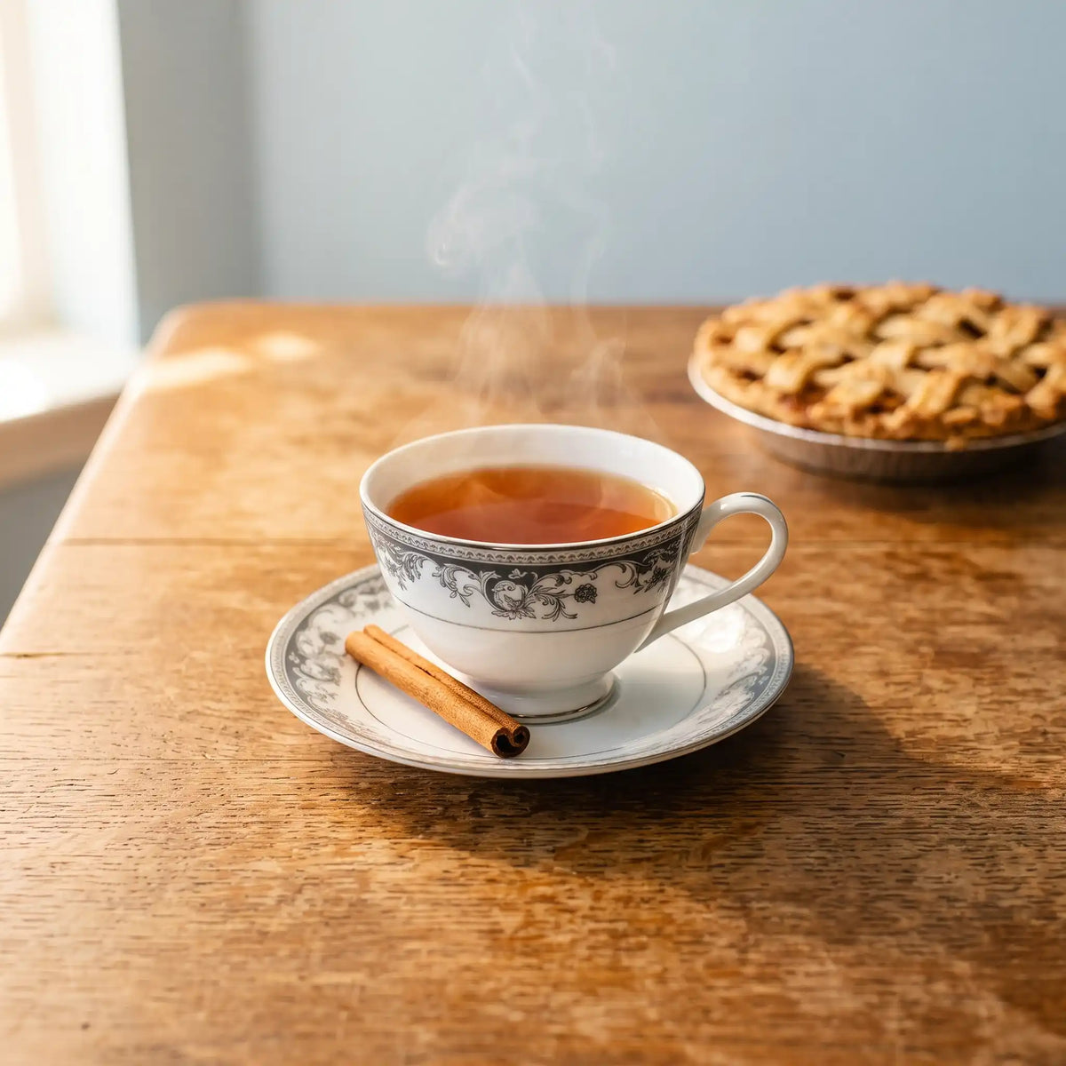 Steaming cup of Apple Pie black tea on a wooden table with a cinnamon stick and an apple pie behind it