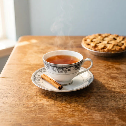 Steaming cup of Apple Pie black tea on a wooden table with a cinnamon stick and an apple pie behind it