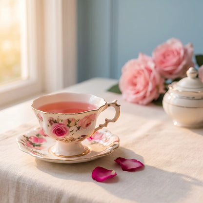 Cup of brewed Rose Garden rose tea in a floral teacup on a linen cloth with pink roses and rose petals