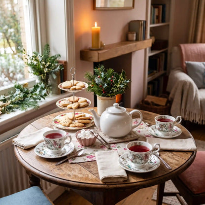 Holiday tea table set with mismatched vintage teacups of ruby red tea, a teapot and shortbread