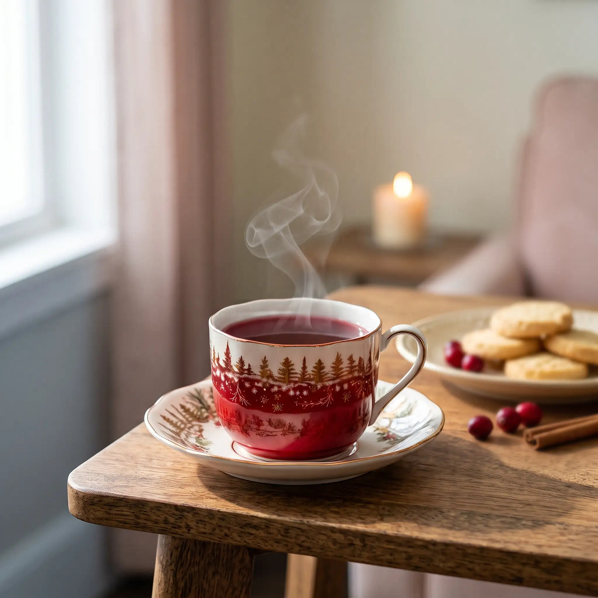 Teacup of ruby red Christmas Cranberry tea on a wooden table with shortbread, cranberries and a candle