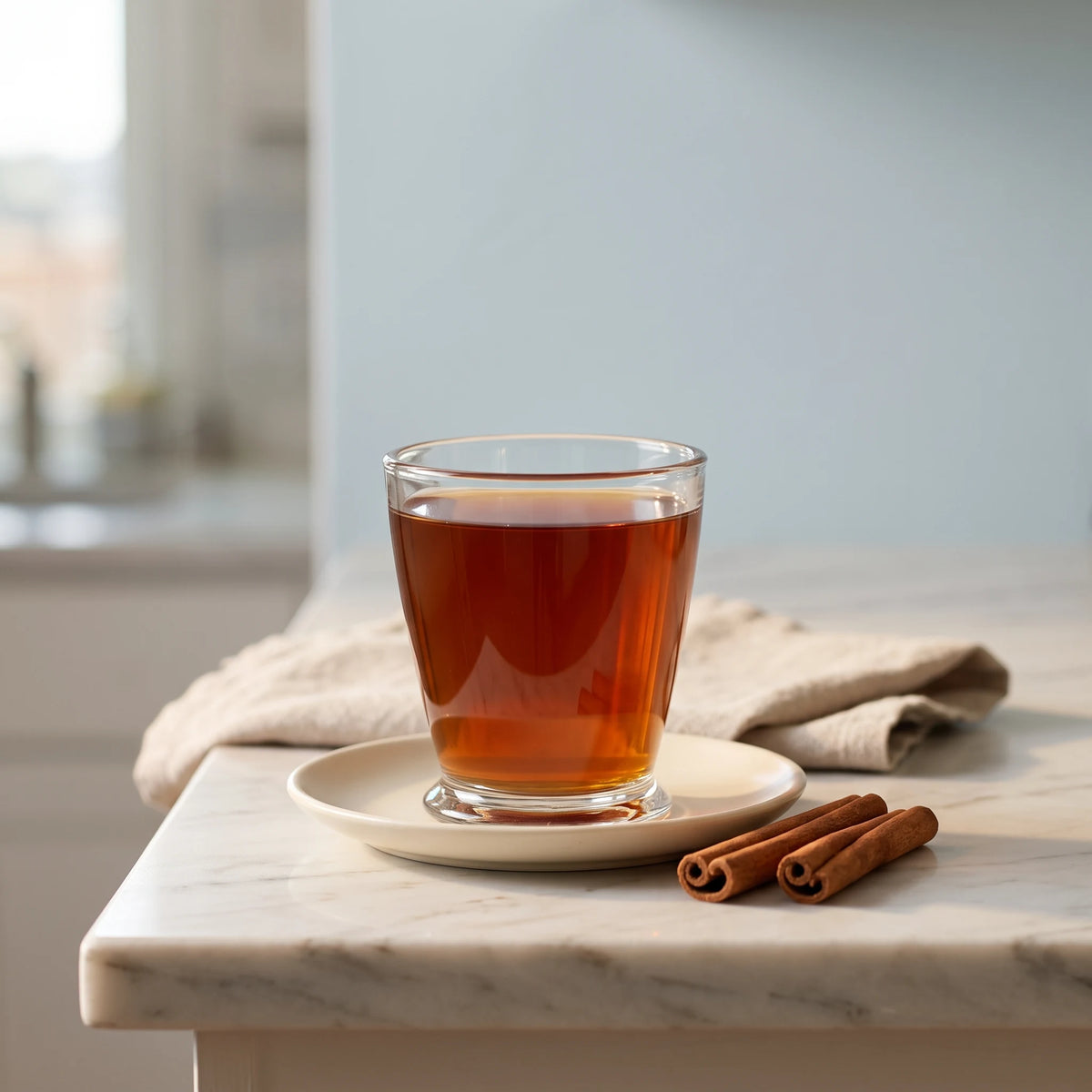 A glass cup of brewed Classic Chai black tea on a cream saucer with 2 cinnamon sticks on a marble counter