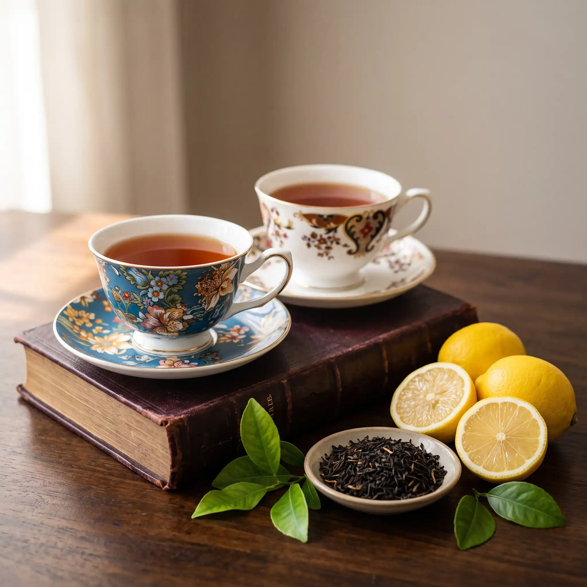 2 floral teacups of brewed Earl Grey black tea beside fresh lemons, loose leaf tea, and an antique book