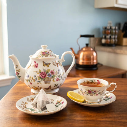 Earl Grey loose leaf tea box on a kitchen table with one sachet on a saucer beside a white cup of amber tea