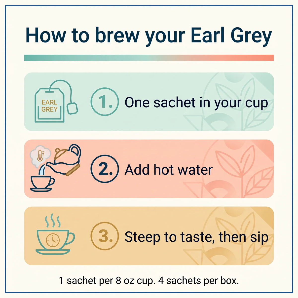 3 step guide to brewing Earl Grey tea: one sachet in your cup, add hot water, steep to taste