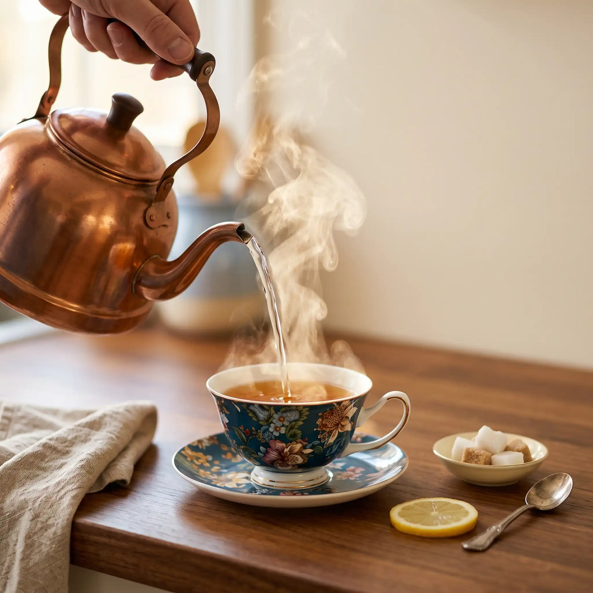 Kettle pouring hot water into a teacup of amber tea with a lemon slice and sugar cubes nearby