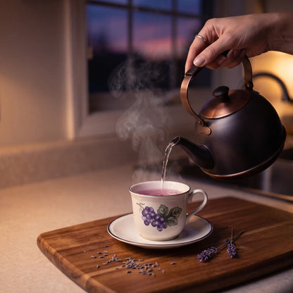 Kettle pouring hot water into a clear glass cup of pink-purple lavender tea on a wooden board at dusk