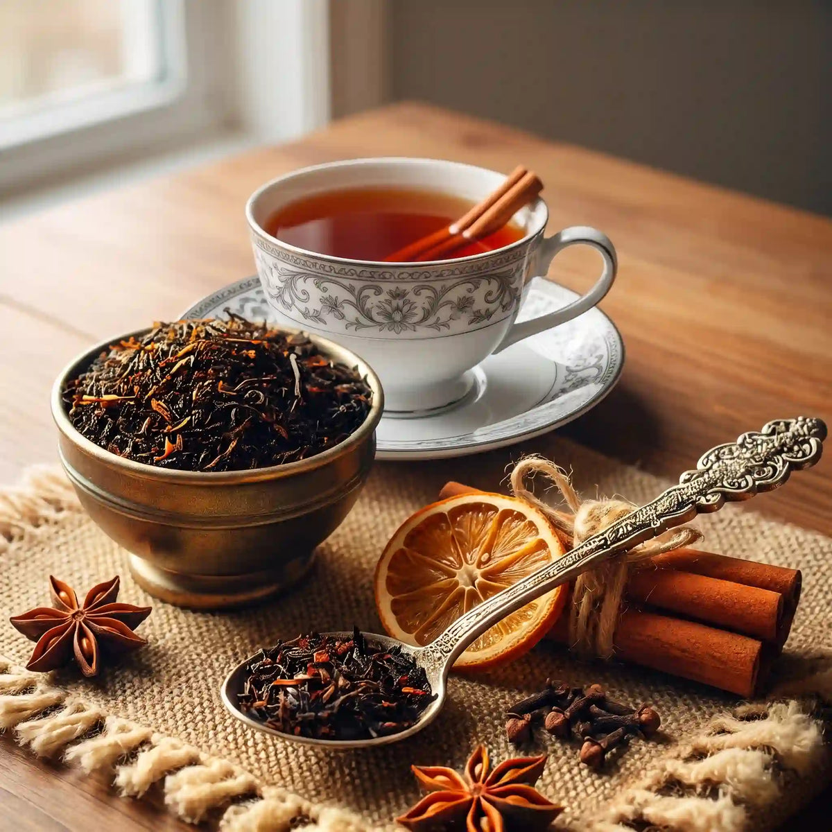 Fireball spiced black tea loose leaf in a bowl with cinnamon sticks, dried orange and cloves beside a filled teacup