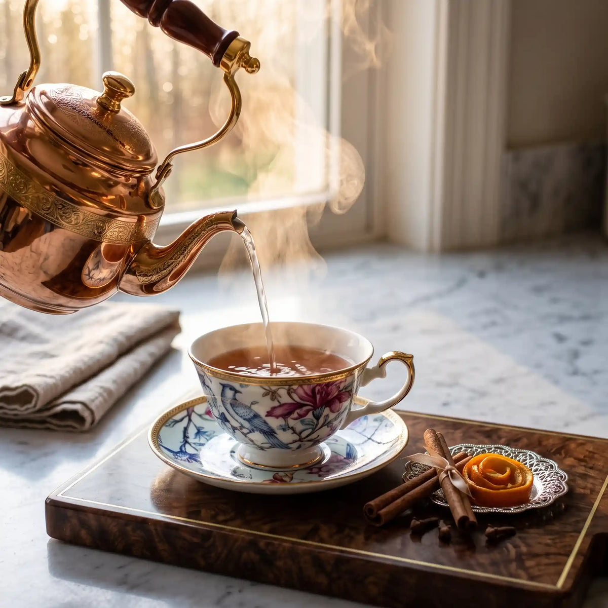 Kettle pouring hot water into a white cup of amber spiced tea with cinnamon sticks, cloves and dried orange peel