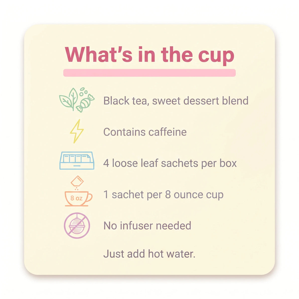 Facts card for Grandma's Candy black tea: sweet dessert blend, contains caffeine, 4 sachets per box, 1 per 8 ounce cup