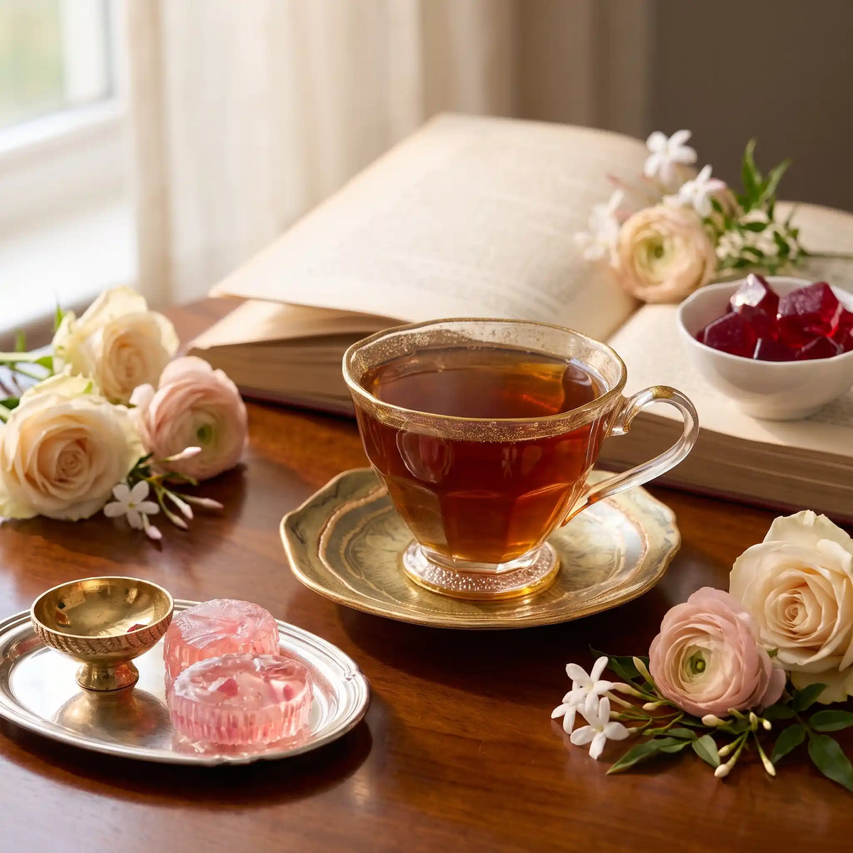 A glass cup of brewed Grandma's Candy dessert black tea on a gold saucer beside a dish of hard candies and an open book