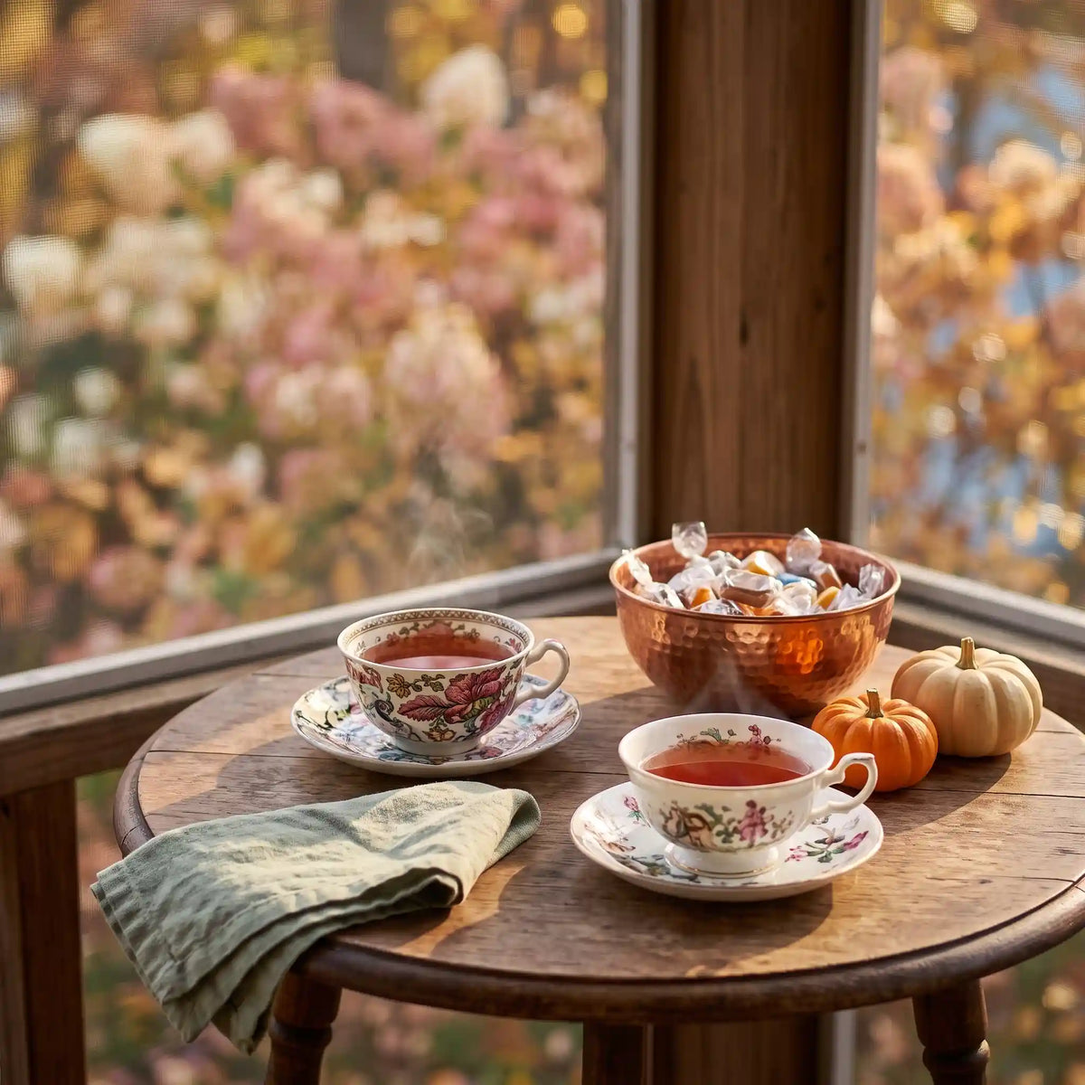 Autumn porch table set with 2 vintage teacups of amber tea, small pumpkins, and a bowl of wrapped candy