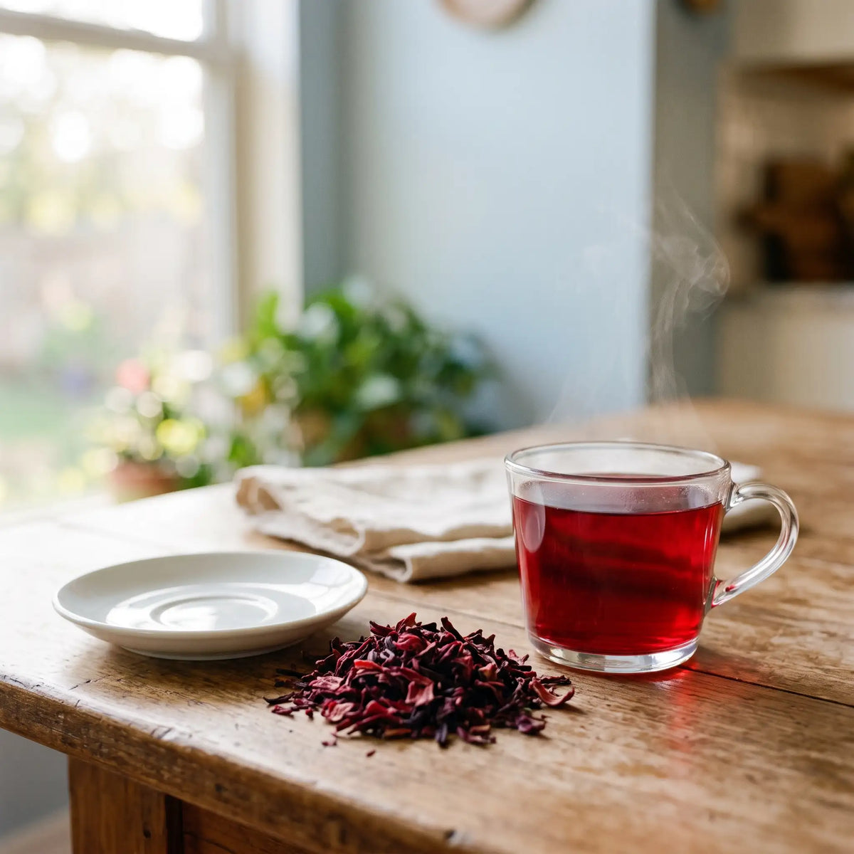 Hibiscus Herbal Tea box on a saucer beside a glass cup of brewed ruby red hibiscus tea on a wooden table