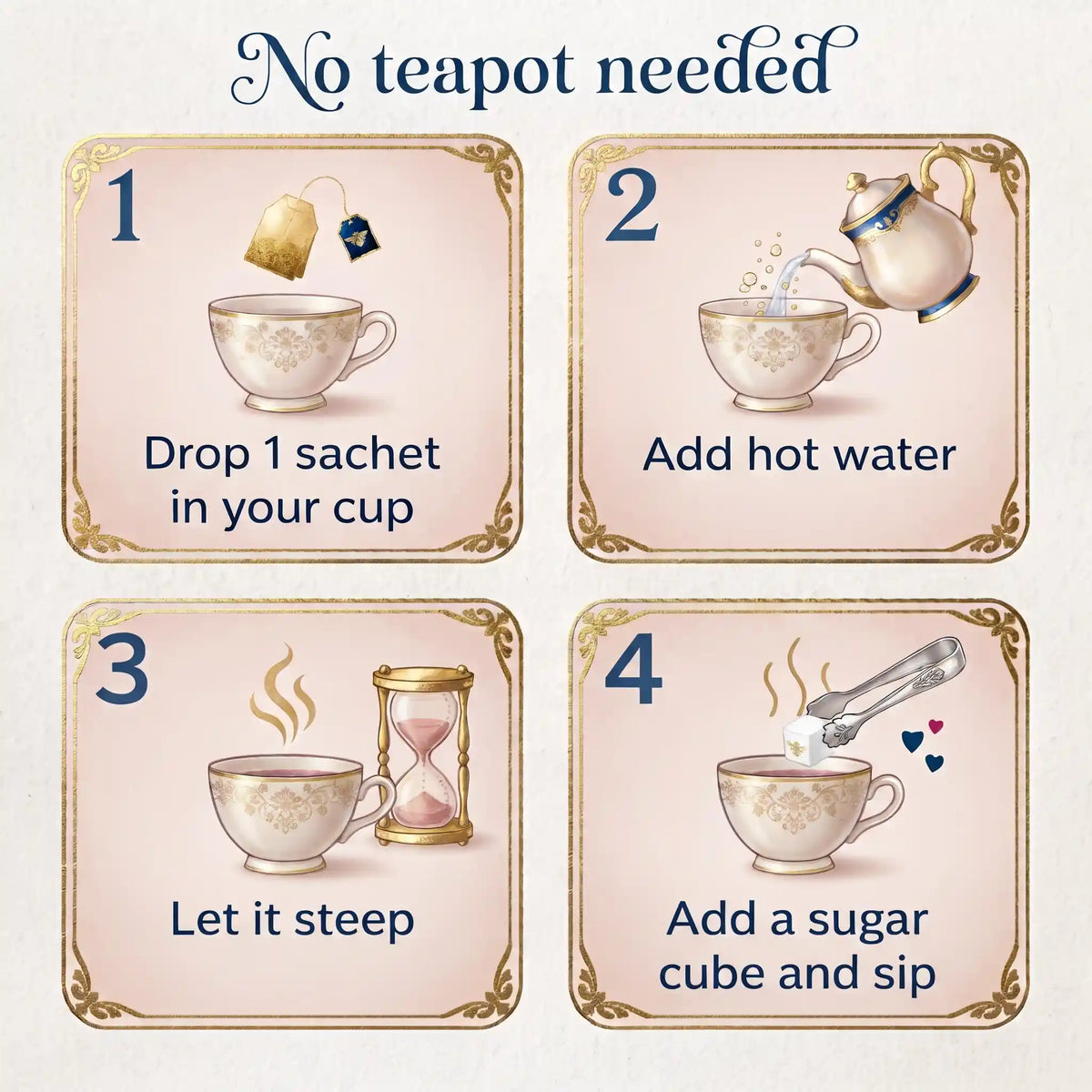 4-step guide to brewing a loose leaf tea sachet in a teacup with hot water, no teapot needed