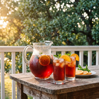 Glass pitcher of ruby red iced hibiscus tea with 2 glasses of ice and orange slices on a sunlit porch table