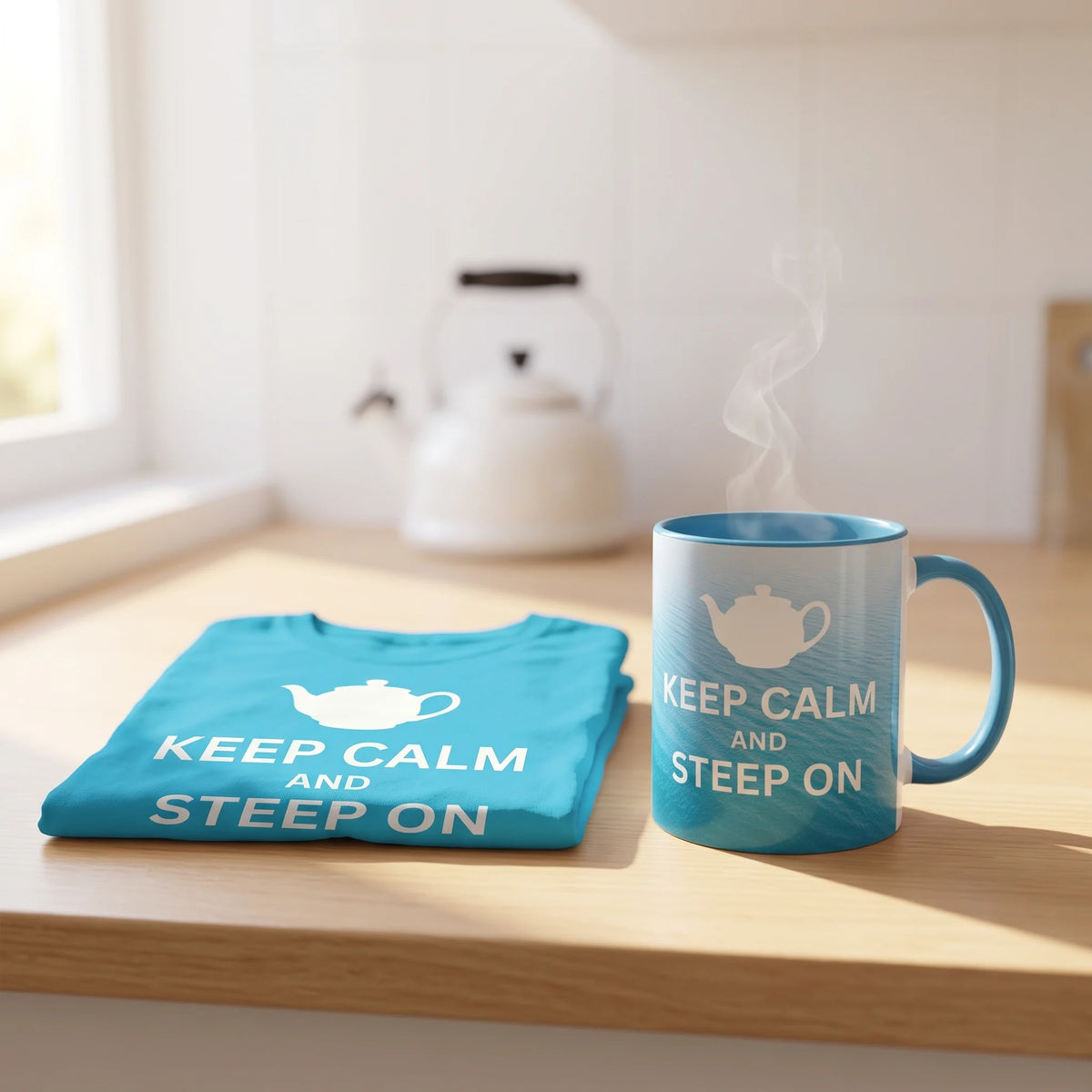 Keep Calm and Steep On tea shirt folded beside the matching Keep Calm and Steep On mug on a kitchen counter