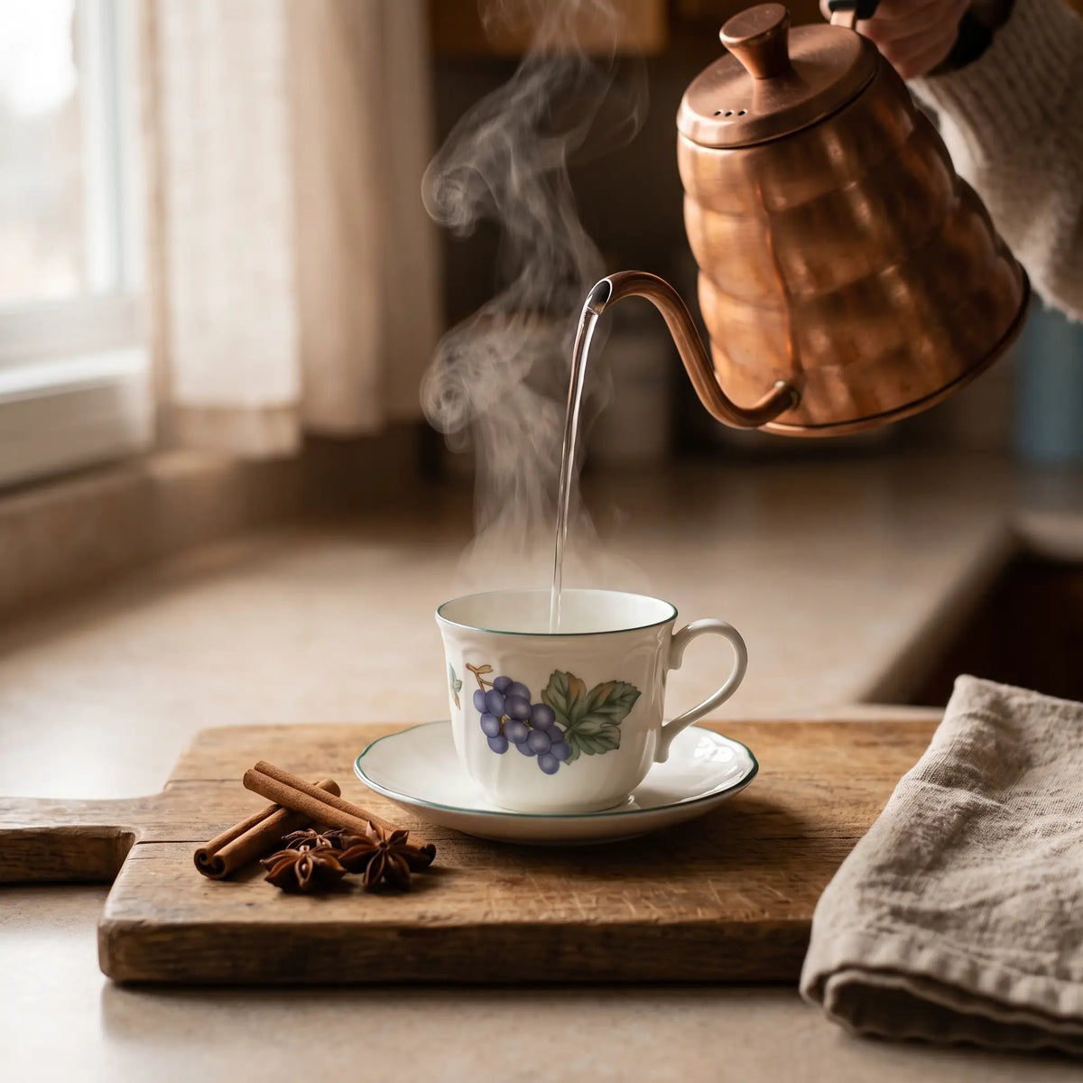 Kettle pouring hot water into a white teacup on a wooden board with cinnamon sticks and star anise