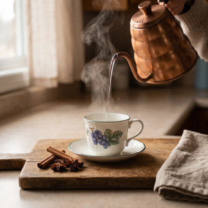 Kettle pouring hot water into a white teacup on a wooden board with cinnamon sticks and star anise