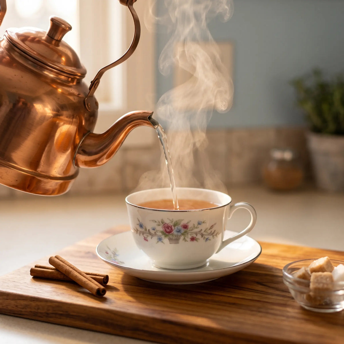 A kettle pouring hot water into a cream cup on a wooden board with cinnamon sticks and sugar cubes