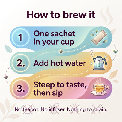 3 step guide to brewing a loose leaf tea sachet: one sachet in the cup, add hot water, steep to taste