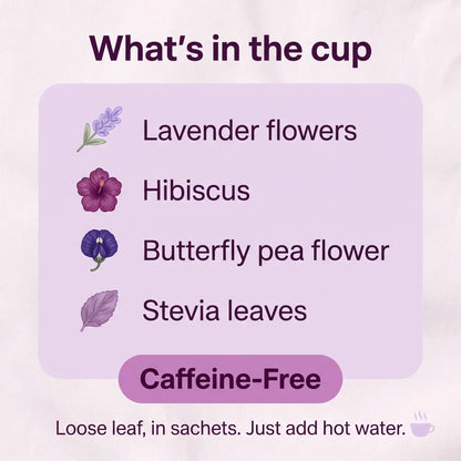 Ingredients card for Lovely Lavender tea: lavender flowers, hibiscus, butterfly pea flower, stevia leaves, Caffeine-Free
