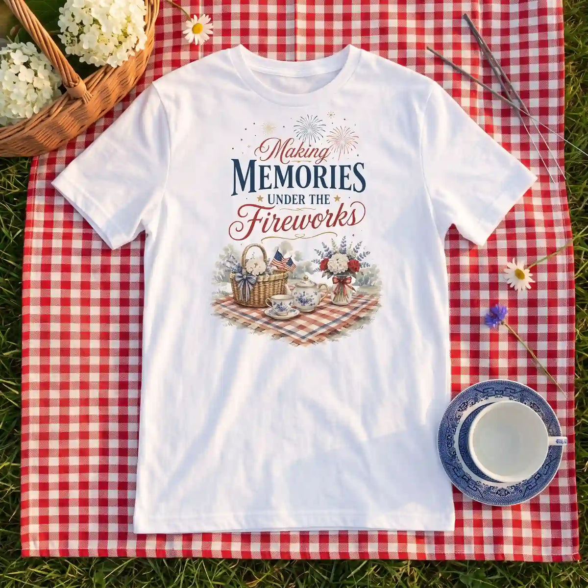 White Making Memories Fourth of July tea party shirt laid flat on a gingham picnic blanket with a teacup