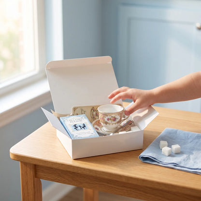 A Mini Tea Party In A Box open on a small table with a child's hand reaching for the mini teacup