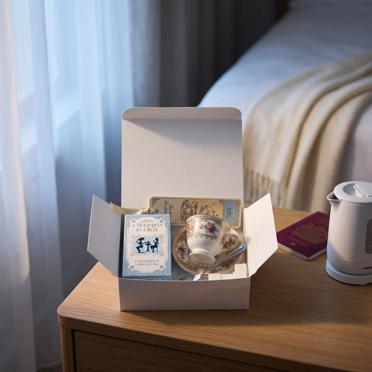 A Mini Tea Party In A Box open on a hotel nightstand beside a passport and a travel kettle