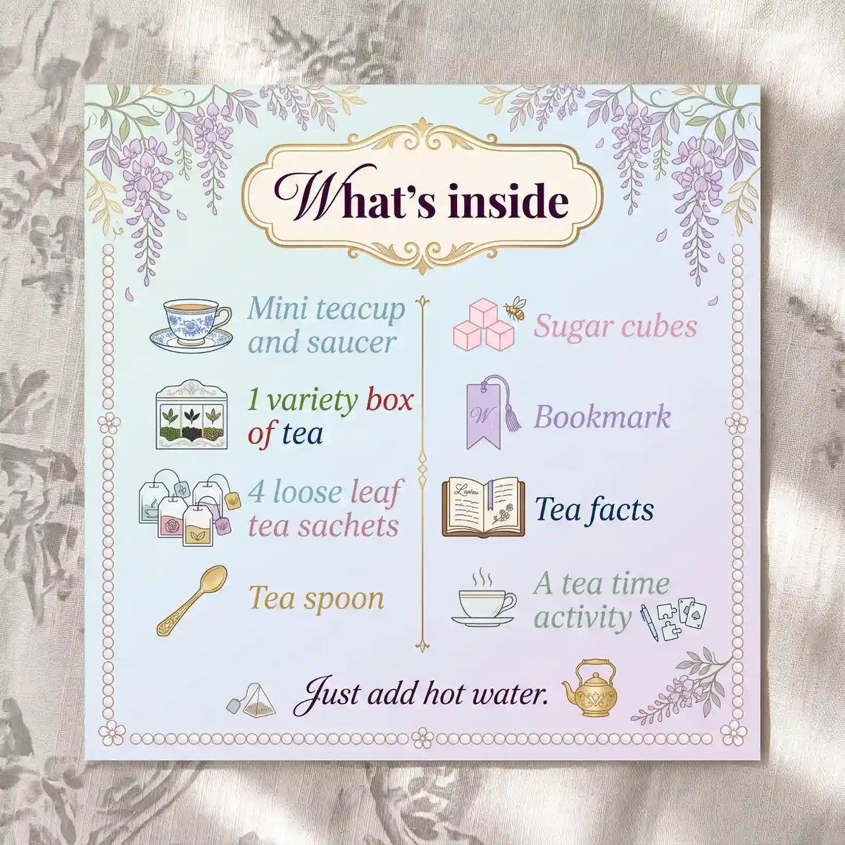 What's inside A Mini Tea Party In A Box: mini teacup and saucer, 4 tea sachets, spoon, sugar cubes, bookmark, activity