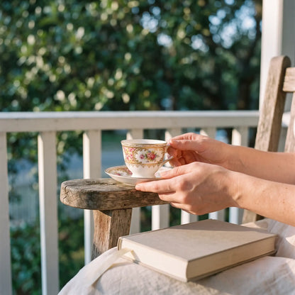 Hands cupping a small white teacup on a porch chair with a closed book, afternoon light