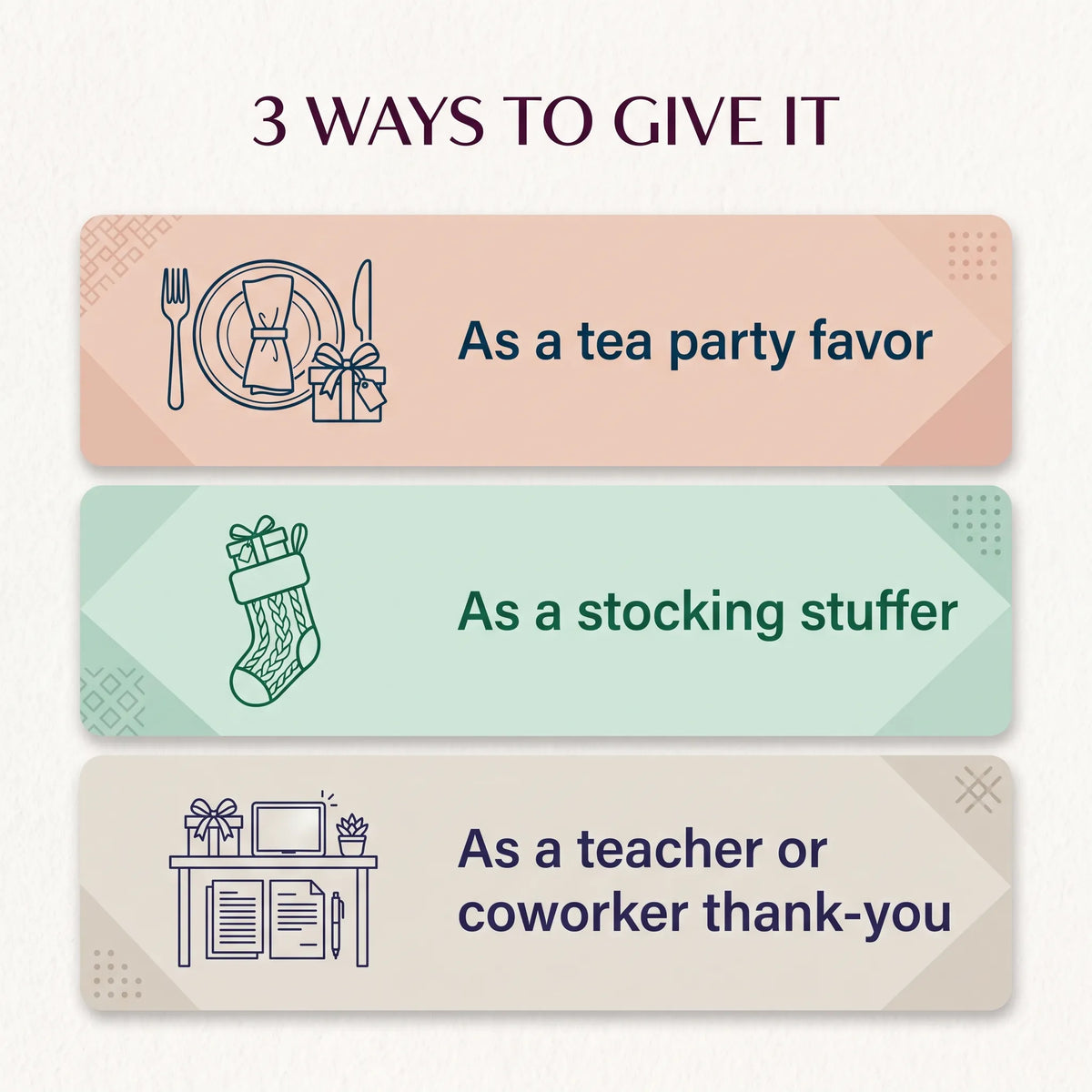 3 ways to give the Mini Teapot Sampler: as a tea party favor, a stocking stuffer, or a coworker thank-you