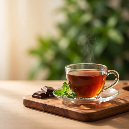 A glass cup of brewed mint chocolate tea on a wooden board with a sprig of fresh mint and squares of dark chocolate