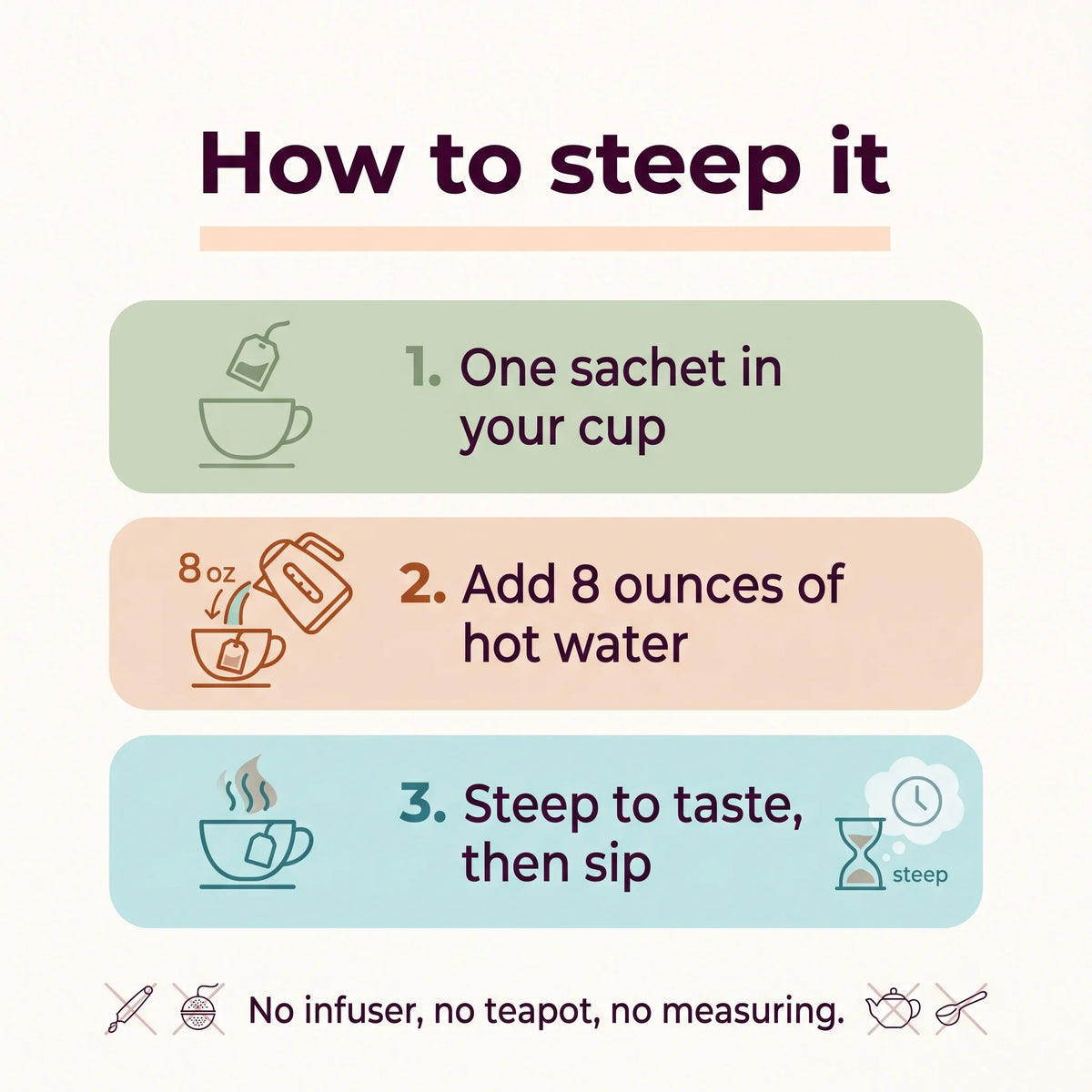 Steeping guide for Mint Chocolate tea: one sachet in the cup, add 8 ounces hot water, steep to taste