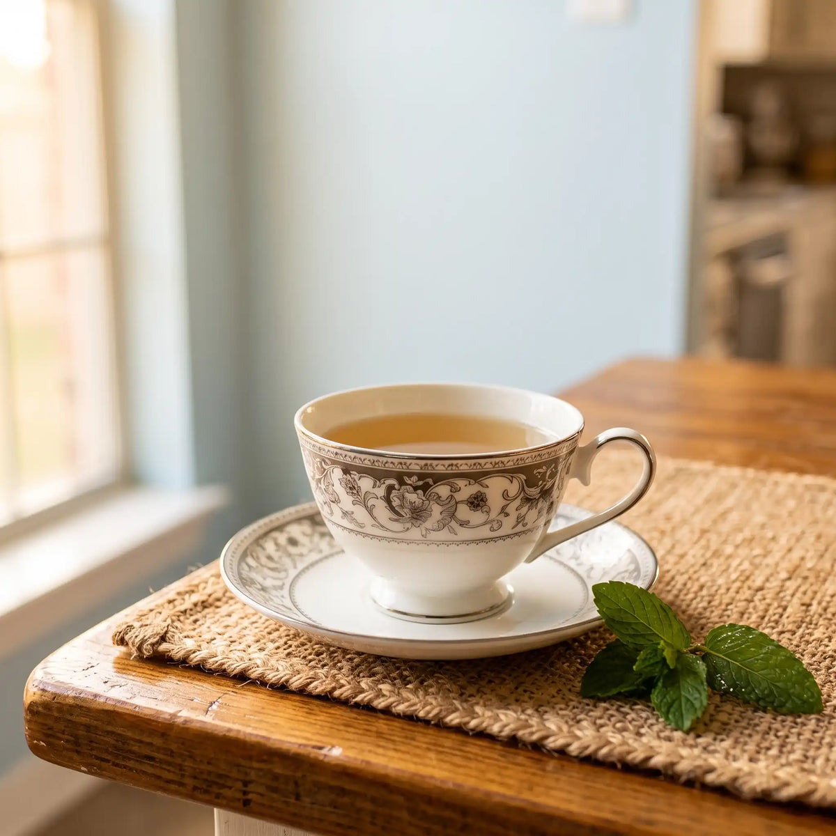 A cup of brewed mint green tea with fresh mint leaves on a wooden kitchen table in afternoon light