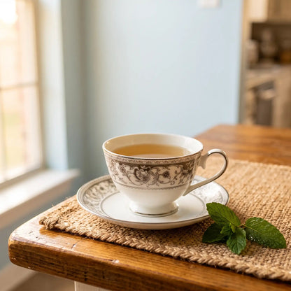 A cup of brewed mint green tea with fresh mint leaves on a wooden kitchen table in afternoon light