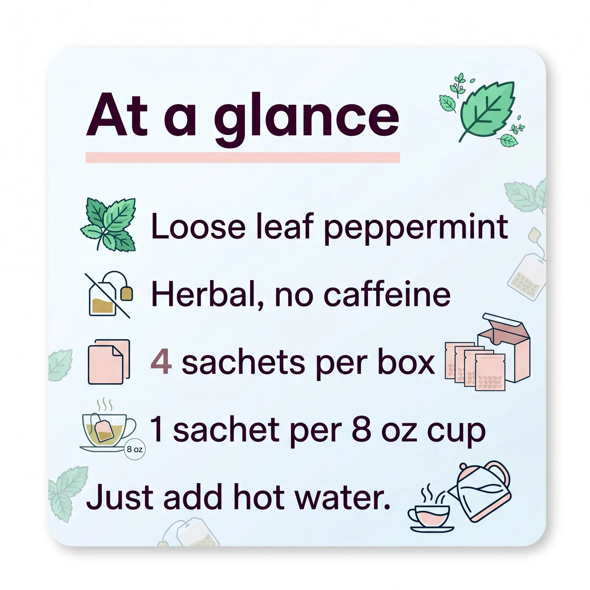 Card showing peppermint herbal tea facts: loose leaf, no caffeine, 4 sachets per box, 1 sachet per 8 oz cup