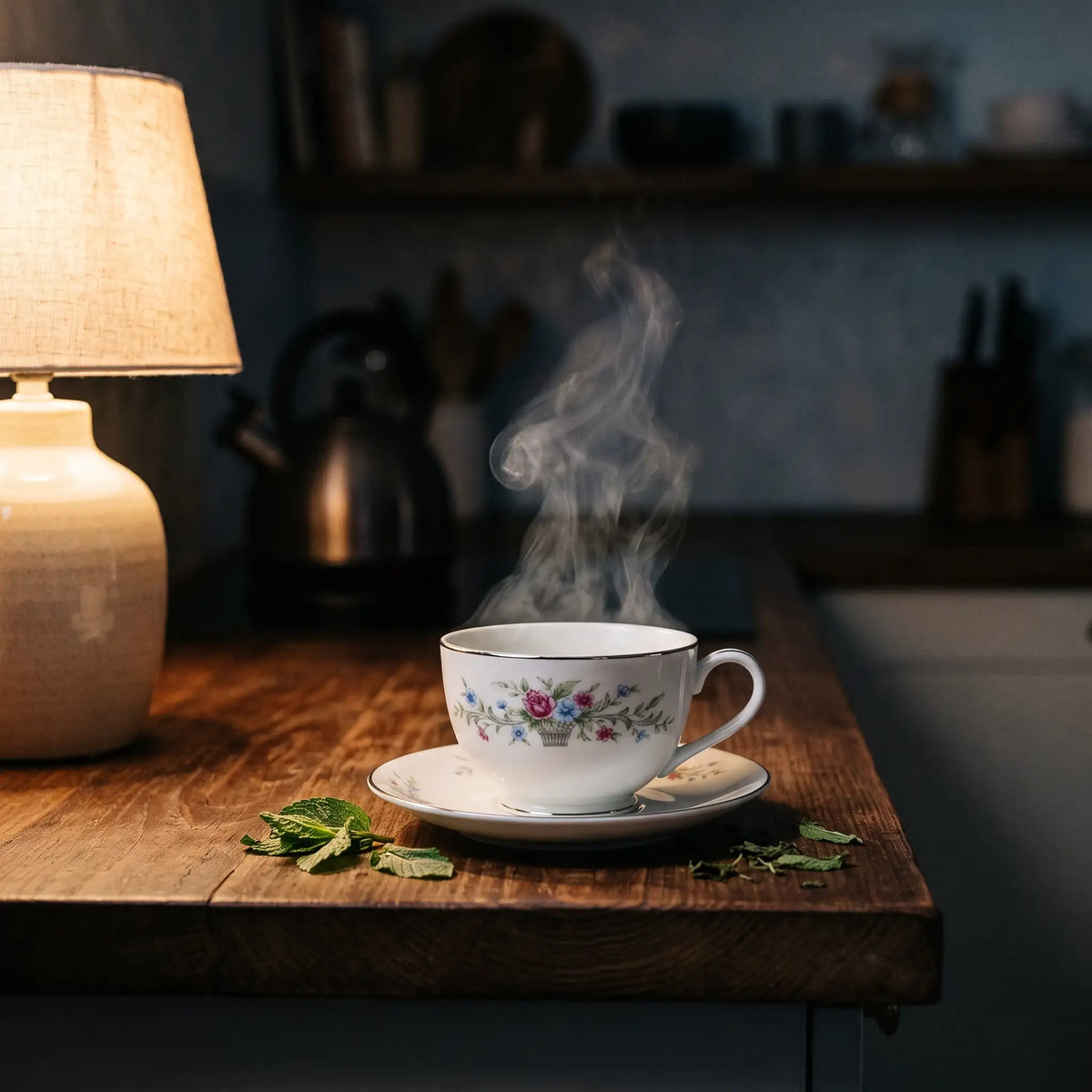 A white teacup of peppermint tea steaming on a kitchen counter in low evening lamp light