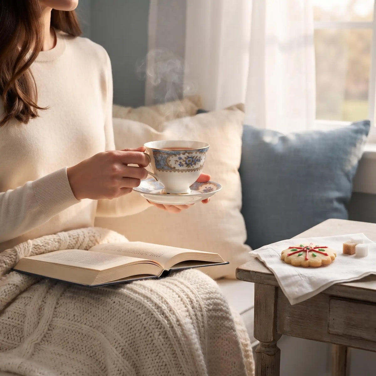 Hands holding a teacup over an open book on a window seat with a cookie and sugar cubes nearby