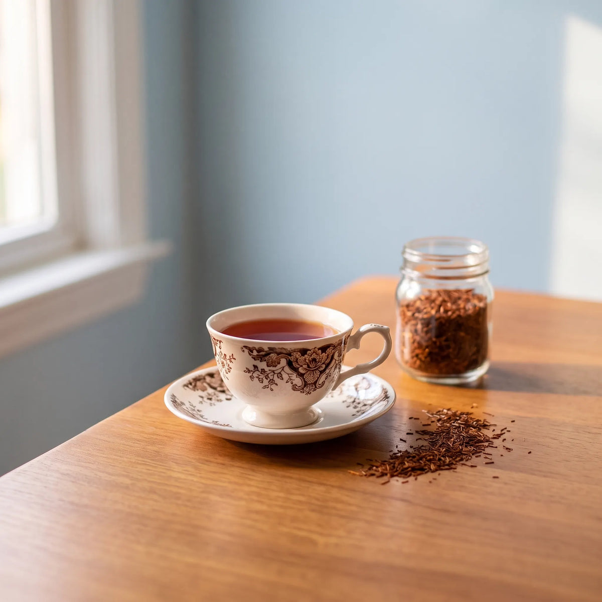 A cup of red rooibos tea on a cream saucer with loose rooibos leaves beside it on a wooden table in afternoon light
