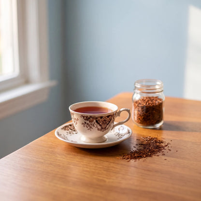 A cup of red rooibos tea on a cream saucer with loose rooibos leaves beside it on a wooden table in afternoon light