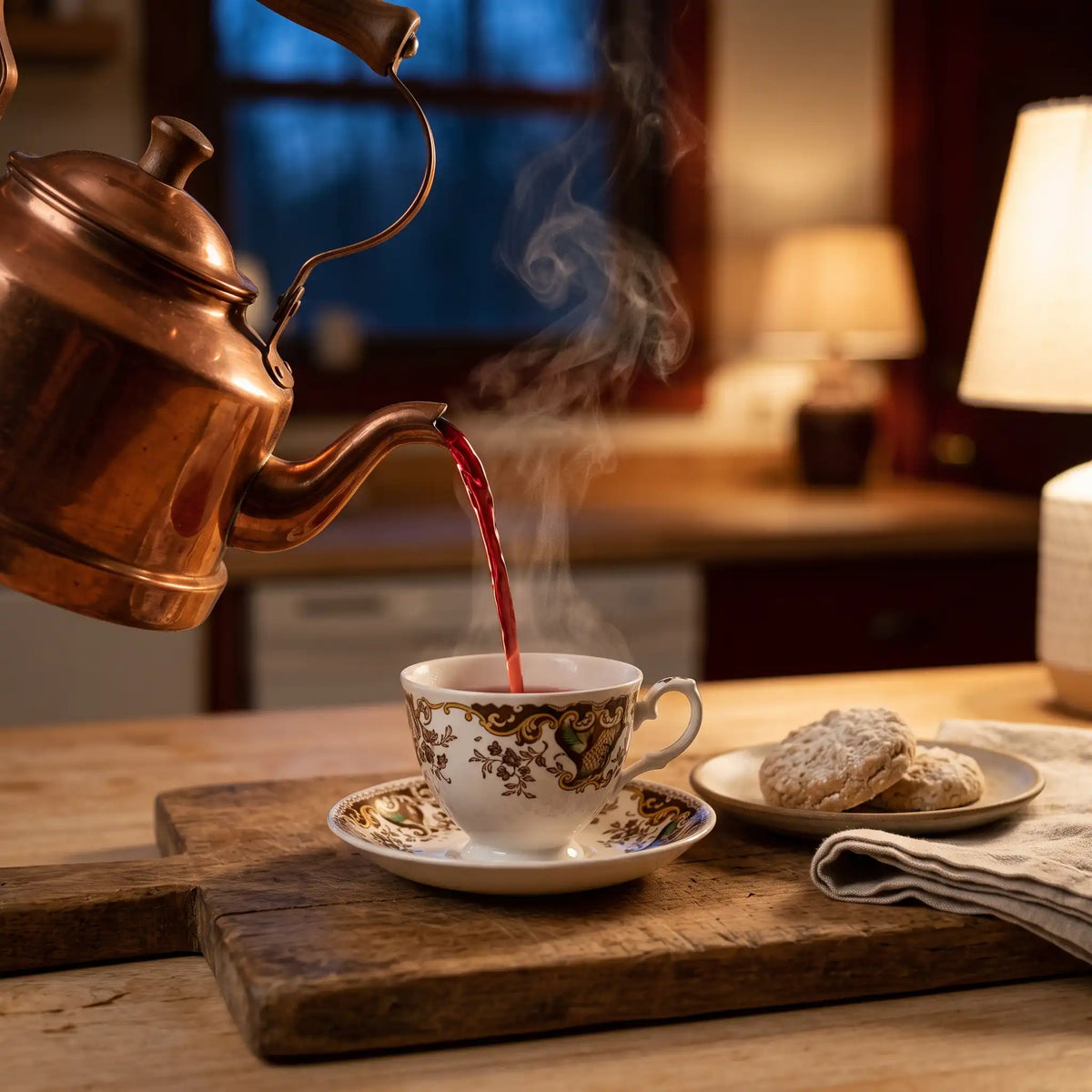 Kettle pouring hot water into a white cup of deep red rooibos tea at dusk with shortbread cookies beside it