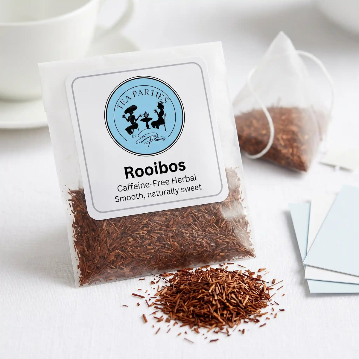 Rooibos loose leaf tea sachet with the Tea Parties by Erica Powers label, caffeine-free herbal, fine