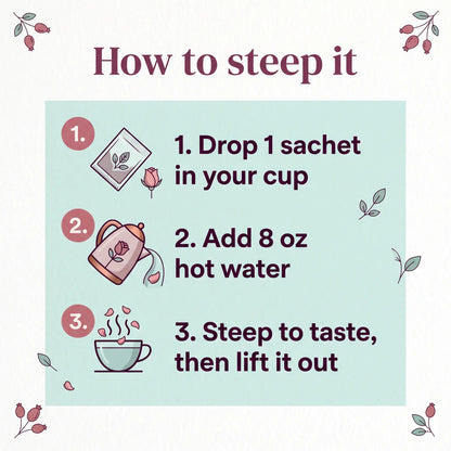 Steeping guide for Rose Garden tea: 1 sachet in the cup, add 8 oz hot water, steep to taste, lift it out