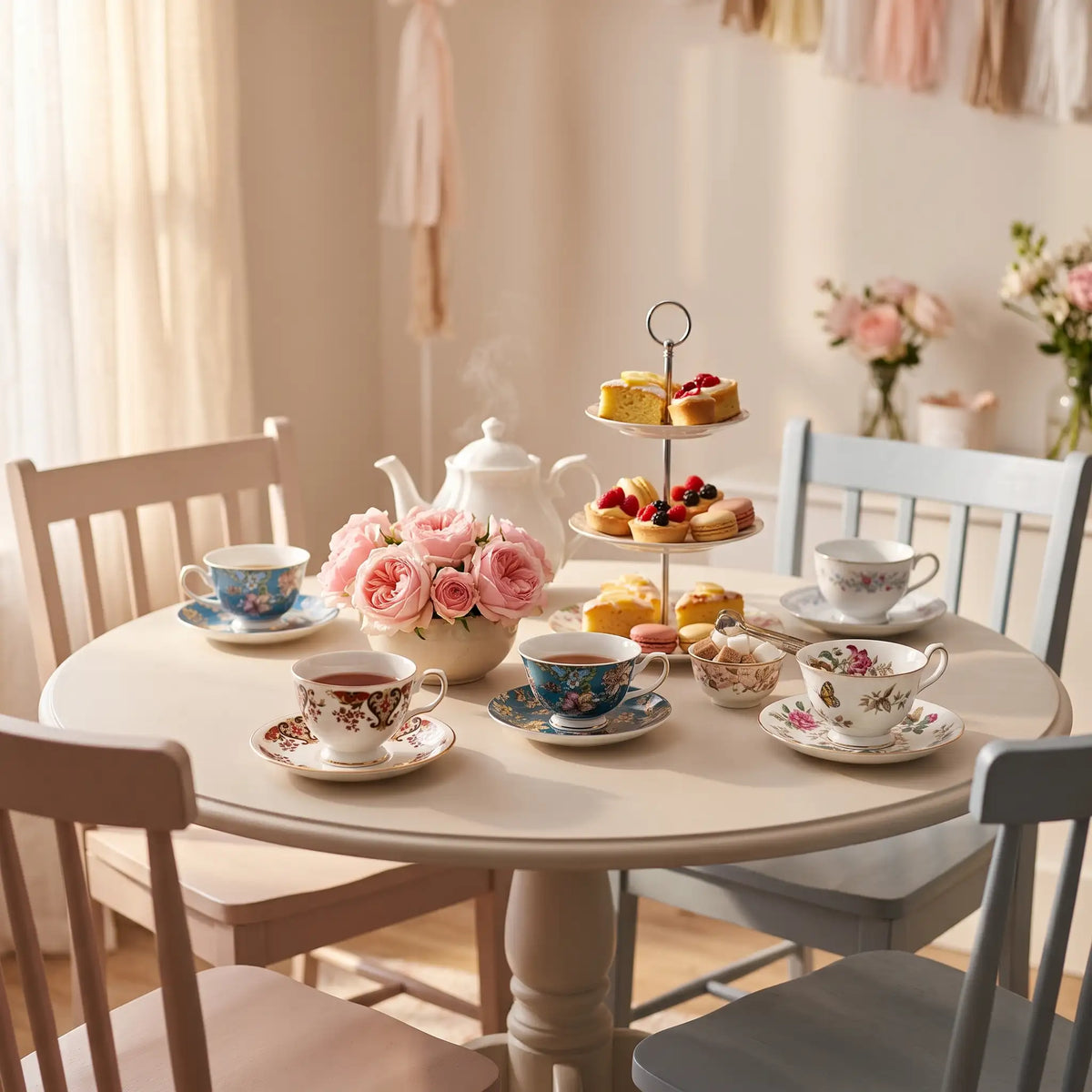 Round table set for afternoon tea with floral teacups, a 3-tier cake stand, and pink roses in the centre