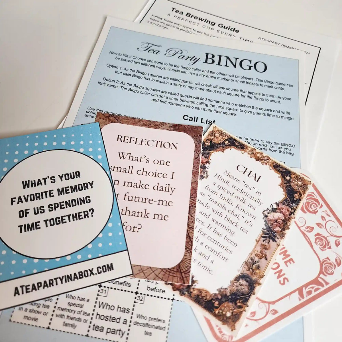 Tea Party Bingo sheet, tea brewing guide, conversation card, reflection card and chai tea fact card from Simple Pleasures