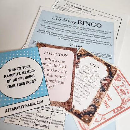 Tea Party Bingo sheet, tea brewing guide, conversation card, reflection card and chai tea fact card from Simple Pleasures