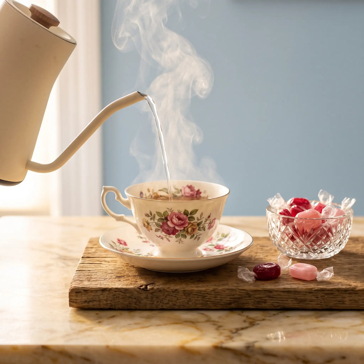 A kettle pouring hot water into a plain white teacup beside a glass dish of wrapped hard candies on a wooden board