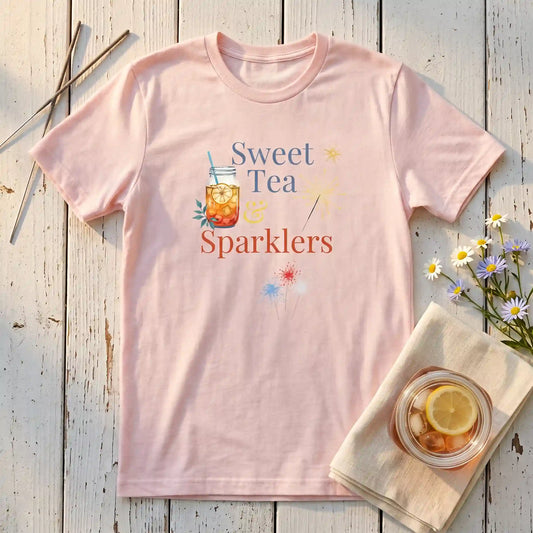 Pink Sweet Tea & Sparklers Fourth of July shirt laid flat on a porch beside a mason jar of iced tea and sparklers