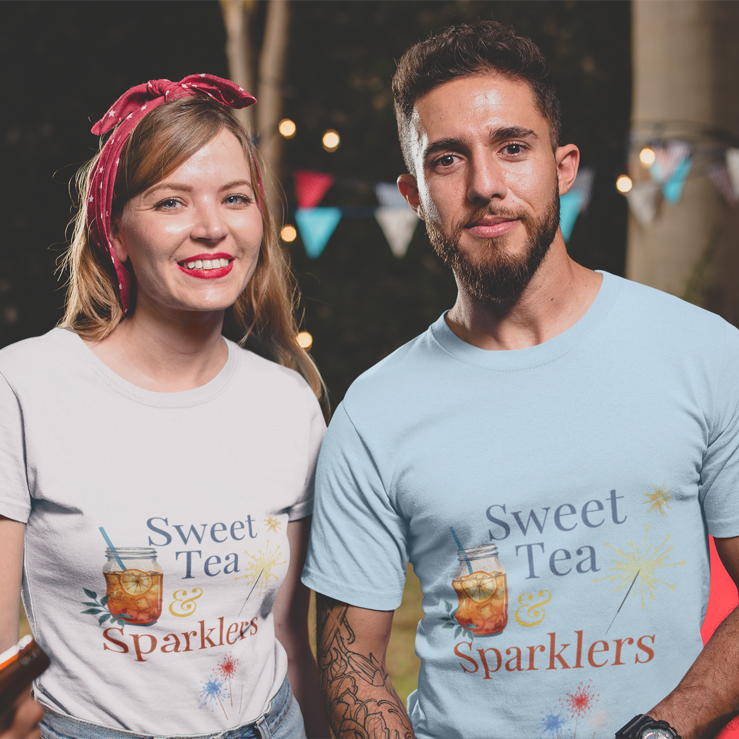Two people wearing t-shirts with 'Sweet Tea Sparklers' design, standing outdoors.